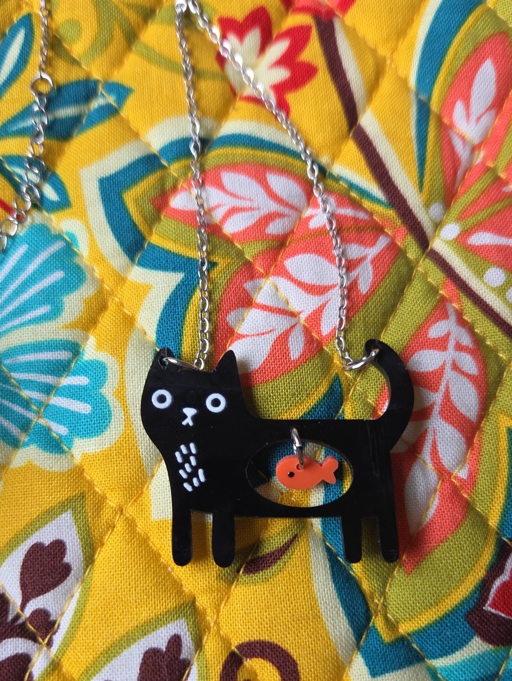 Black Cat Pendant Necklace with Orange Fish Charm - Unbranded
